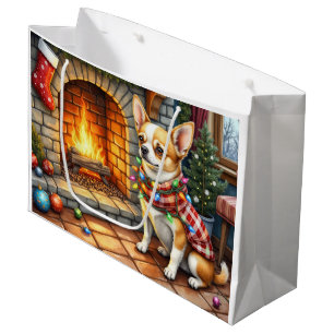 Chihuahua Sitting Fireplace with Christmas Lights Large Gift Bag