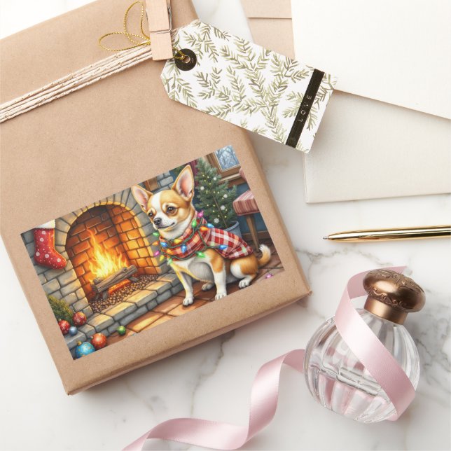 Chihuahua Sitting Fireplace with Christmas Lights Sticker (Gifting)