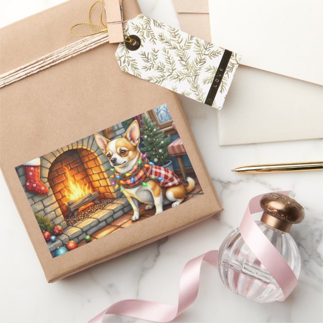 Chihuahua Sitting Fireplace with Christmas Lights Sticker (Gifting)