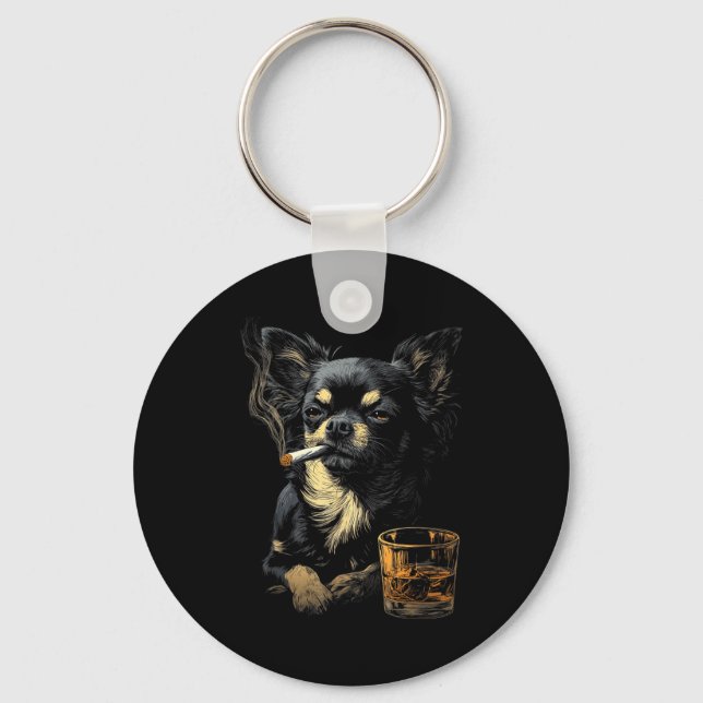 Chihuahua Smoking Cigarette Whisky Lover Funny Dog Keychain (Front)