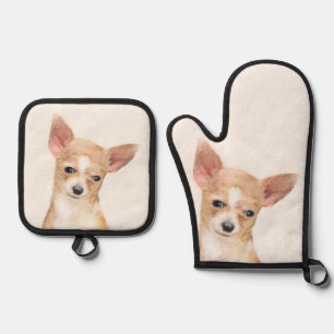Chihuahua Smooth Coat Painting Original Dog Art Oven Mitt & Pot Holder Set