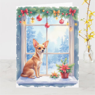 Chihuahua Snowy Windowsill Holiday Christmas Art Card