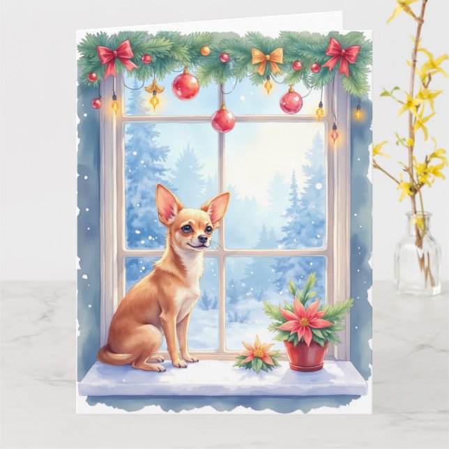 Chihuahua Snowy Windowsill Holiday Christmas Art Card (Yellow Flower)