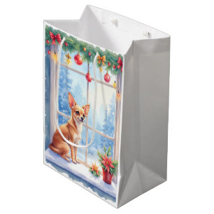 Chihuahua Snowy Windowsill Holiday Christmas Art Medium Gift Bag