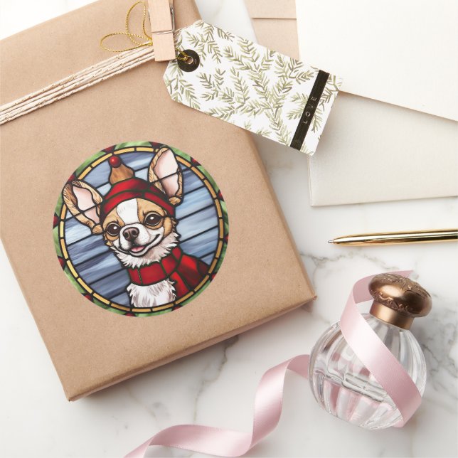 Chihuahua Stained Glass Christmas Classic Round Sticker (Gifting)