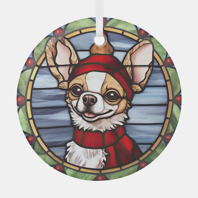 Chihuahua Stained Glass Christmas Glass Ornament (Front)