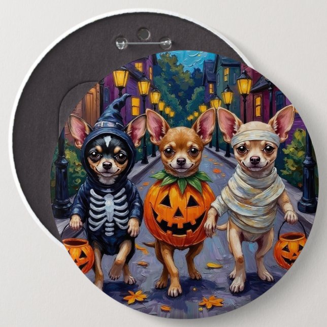 Chihuahua Trick-or-Treating in Halloween Costumes 6 Inch Round Button (Front & Back)
