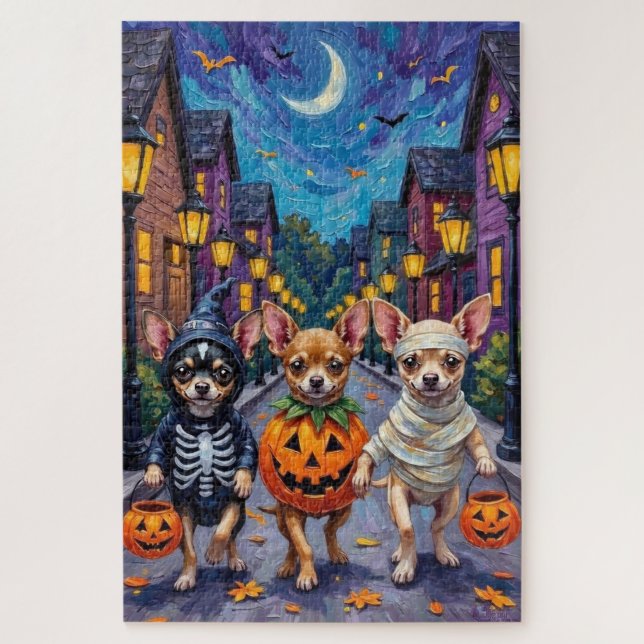 Chihuahua Trick-or-Treating in Halloween Costumes Jigsaw Puzzle (Vertical)