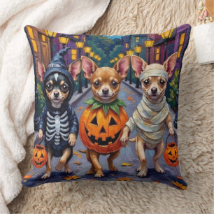 Chihuahua Trick-or-Treating in Halloween Costumes Throw Pillow