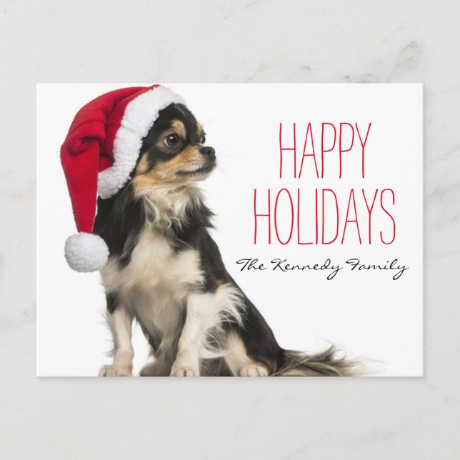 Chihuahua wearing a christmas hat holiday postcard (Front)