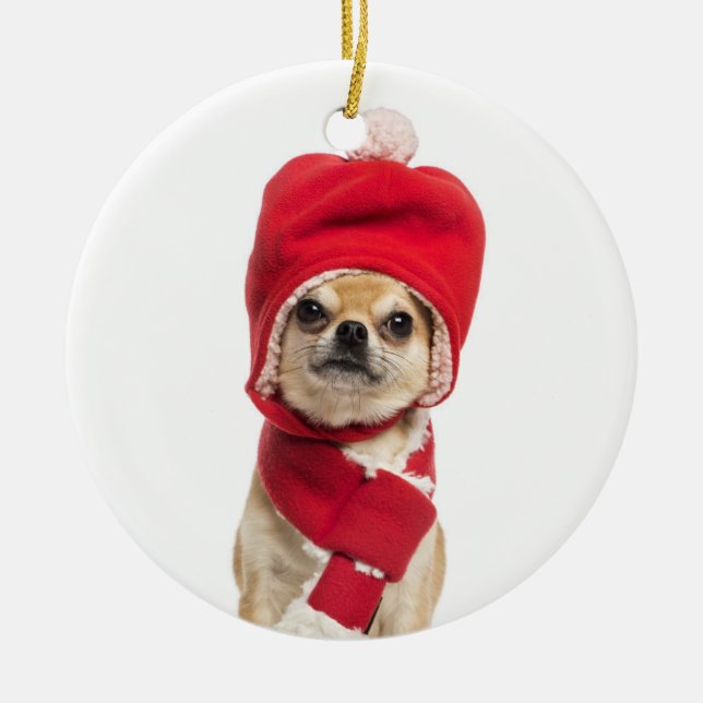 Chihuahua Wearing Christmas Hat And Scarf Ceramic Ornament (Front)
