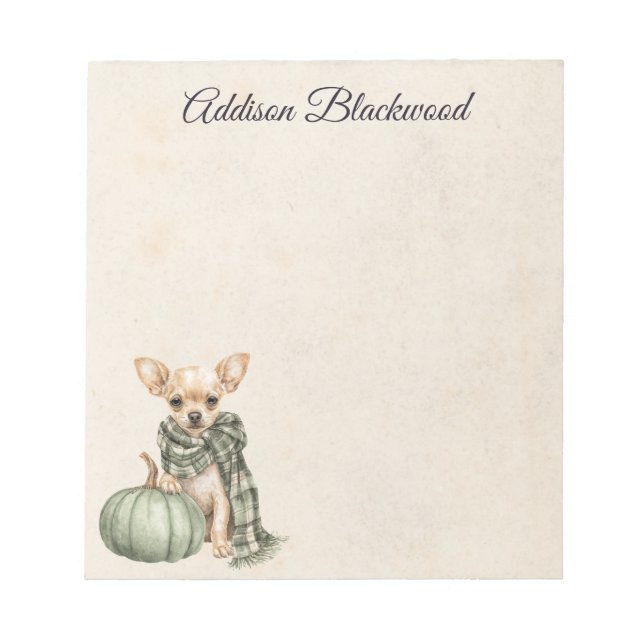 Chihuahua with a Green Pumpkin Fall Personalized Notepad (Front)