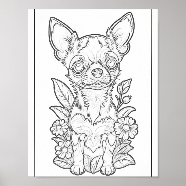 Chihuahua With Daisy Flowers Colouring Page Poster (Front)