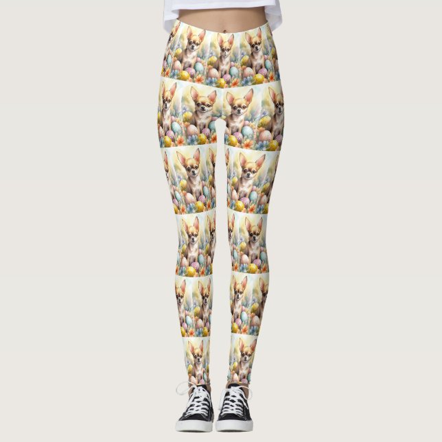 Chihuahua with Easter Eggs Holiday  Leggings (Front)