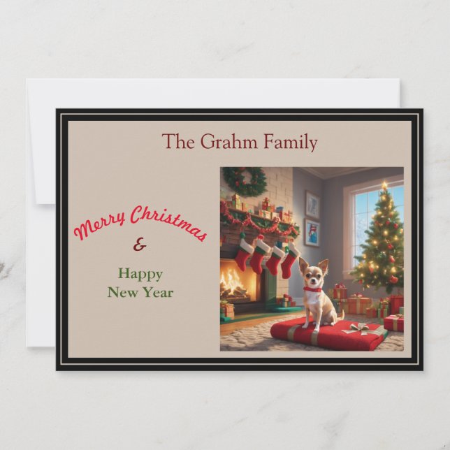 Chihuahua with fireplace and Christmas tree Holiday Card (Front)