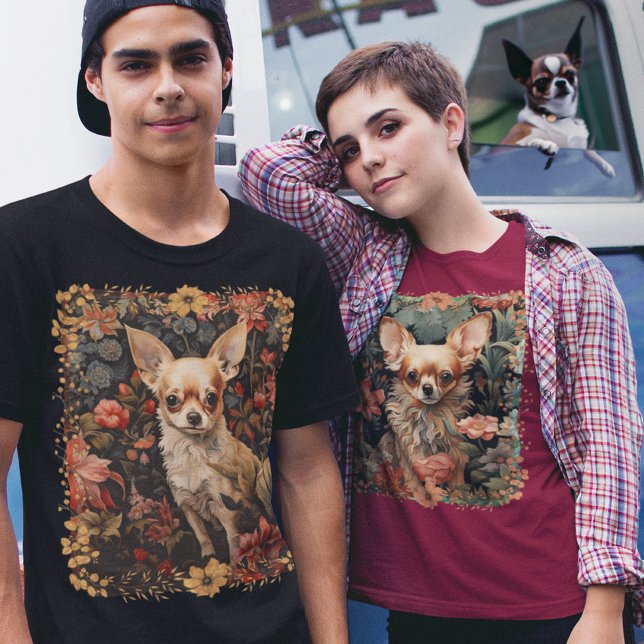 Chihuahua with Flowers in Style of William Morris T-Shirt (The man is wearing this design. The woman is wearing another design from this collection.)