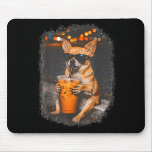 Chihuahua with glasses drinking iced coffee dog mouse pad