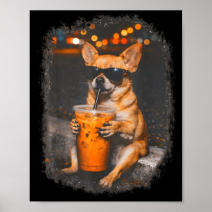 Chihuahua with glasses drinking iced coffee dog poster
