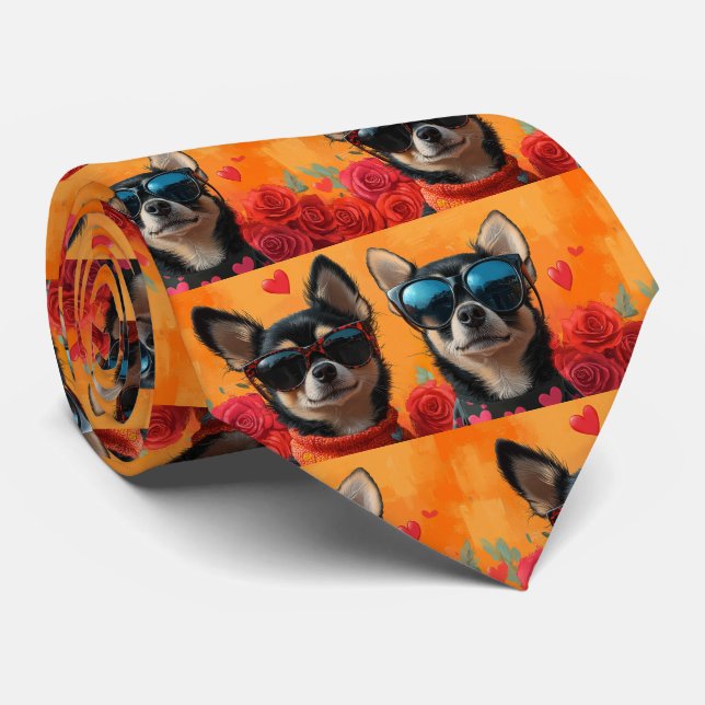 Chihuahua With Heart Roses Valentine's Day  Tie (Rolled)