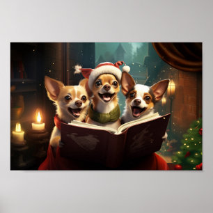Chihuahuas Christmas Caroling Holiday Scene Poster