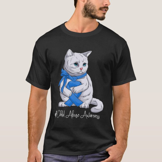 Child Abuse Awareness Month Blue Ribbon Cat T-Shirt (Front)