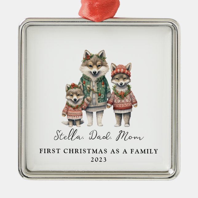 Child Adoption First Christmas As a Family Wolves Metal Ornament (Front)