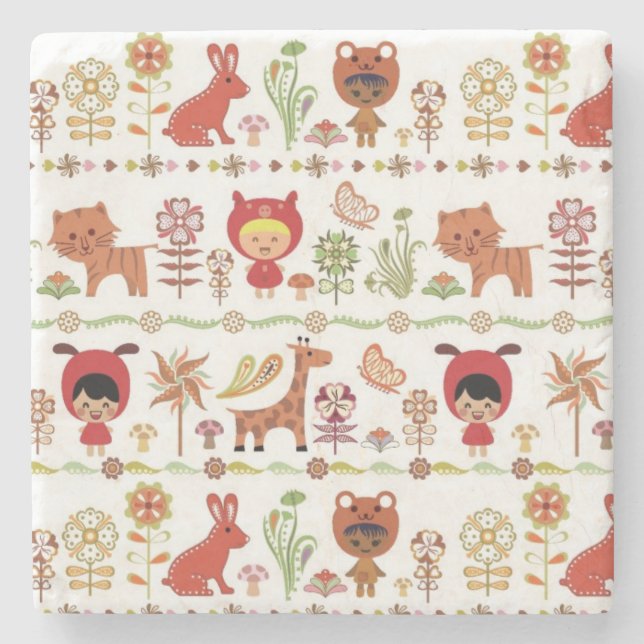Child and Animals Pattern Stone Coaster (Front)