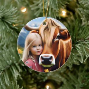 Child And Pet Highland Cow Having Cuddles, Ceramic Ornament