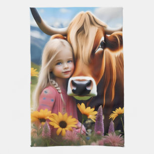 Child And Pet Highland Cow Having Cuddles, Kitchen Towel