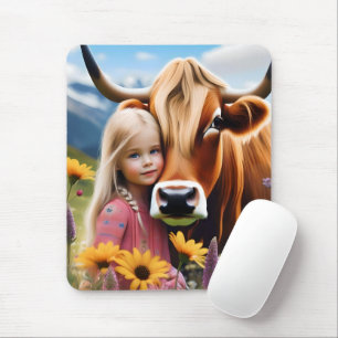Child And Pet Highland Cow Having Cuddles, Mouse Pad
