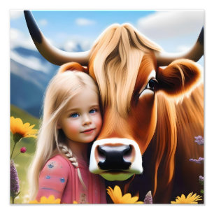 Child And Pet Highland Cow Having Cuddles, Photo Print