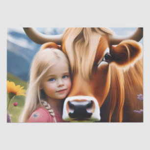 Child And Pet Highland Cow Having Cuddles, Tissue Paper