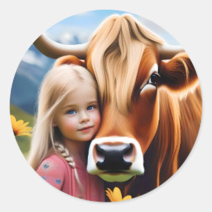Child And Pet Highland Cow Love, Classic Round Sticker