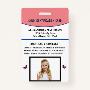 Child Boy Girl ID Identification Card Allergy Badge