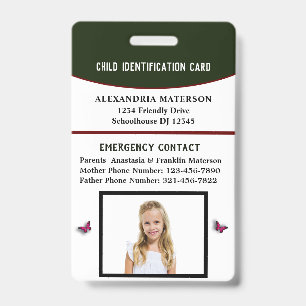 Child Boy Girl ID Identification Card Emergency Badge