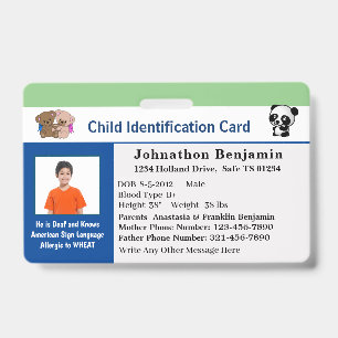 Child Boy Girl ID Identification Card Personalize  Badge