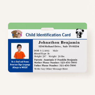 Child Boy Girl ID Identification Card Personalize  Badge