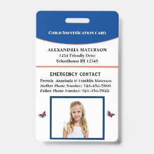 Child Boy Girl ID Identification Card Personalize Badge
