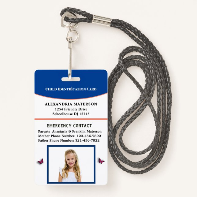 Child Boy Girl ID Identification Card Personalize Badge (Front with Lanyard)