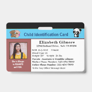 Child Boy Girl ID Identification Card Personalize  Badge