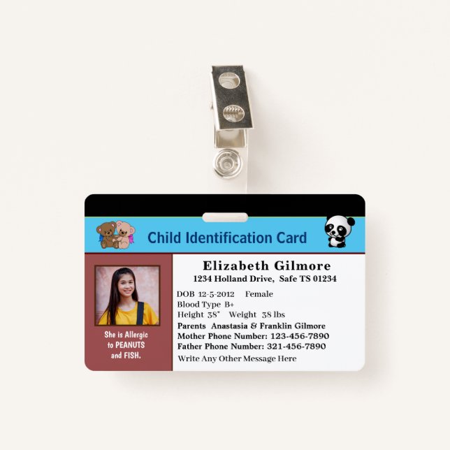 Child Boy Girl ID Identification Card Personalize  Badge (Front with Clip)
