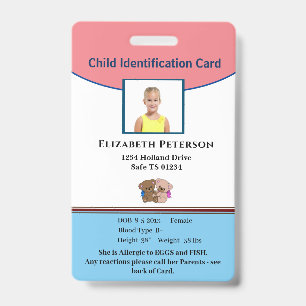 Child Boy Girl ID Identification Personalize Badge