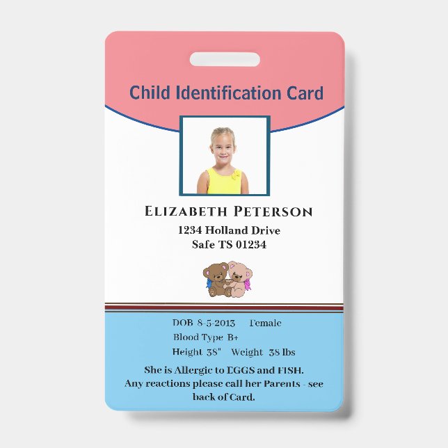 Child Boy Girl ID Identification Personalize  Badge (Front)