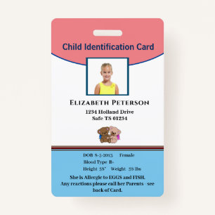 Child Boy Girl ID Identification Personalize Badge