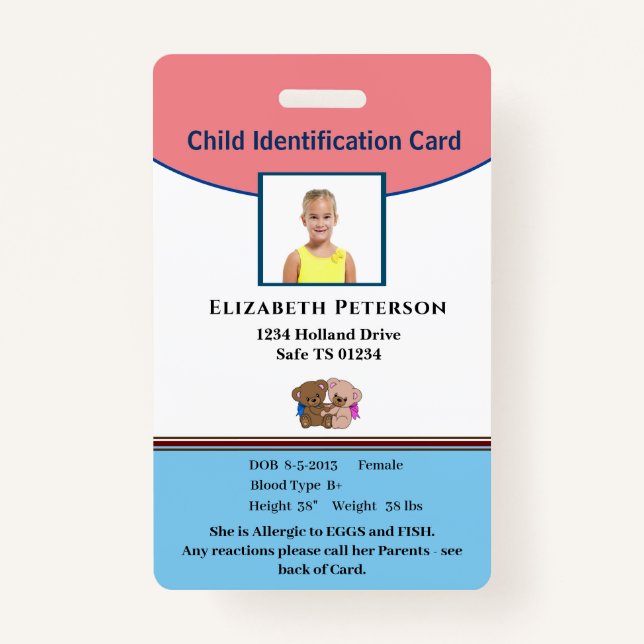 Child Boy Girl ID Identification Personalize  Badge (Front)