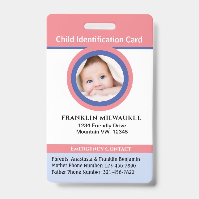 Child Boy Girl Kid Photo ID Identification Card Badge (Front)