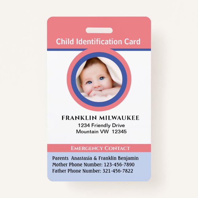 Child Boy Girl Kid Photo ID Identification Card Badge (Front)