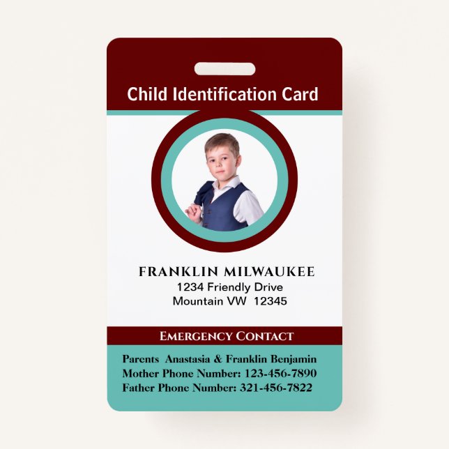 Child Boy Girl Photo ID Identification Card Badge (Front)
