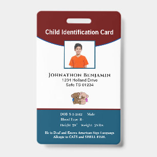 Child Boy Girl Photo Parent Contact Alert ID Badge