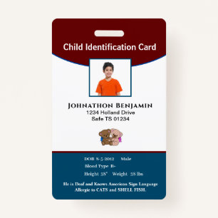 Child Boy Girl Photo Parent Contact Alert ID Badge